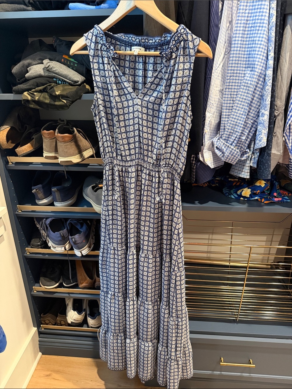 Max Studio Navy and White Geometric Tiered Maxi Dress